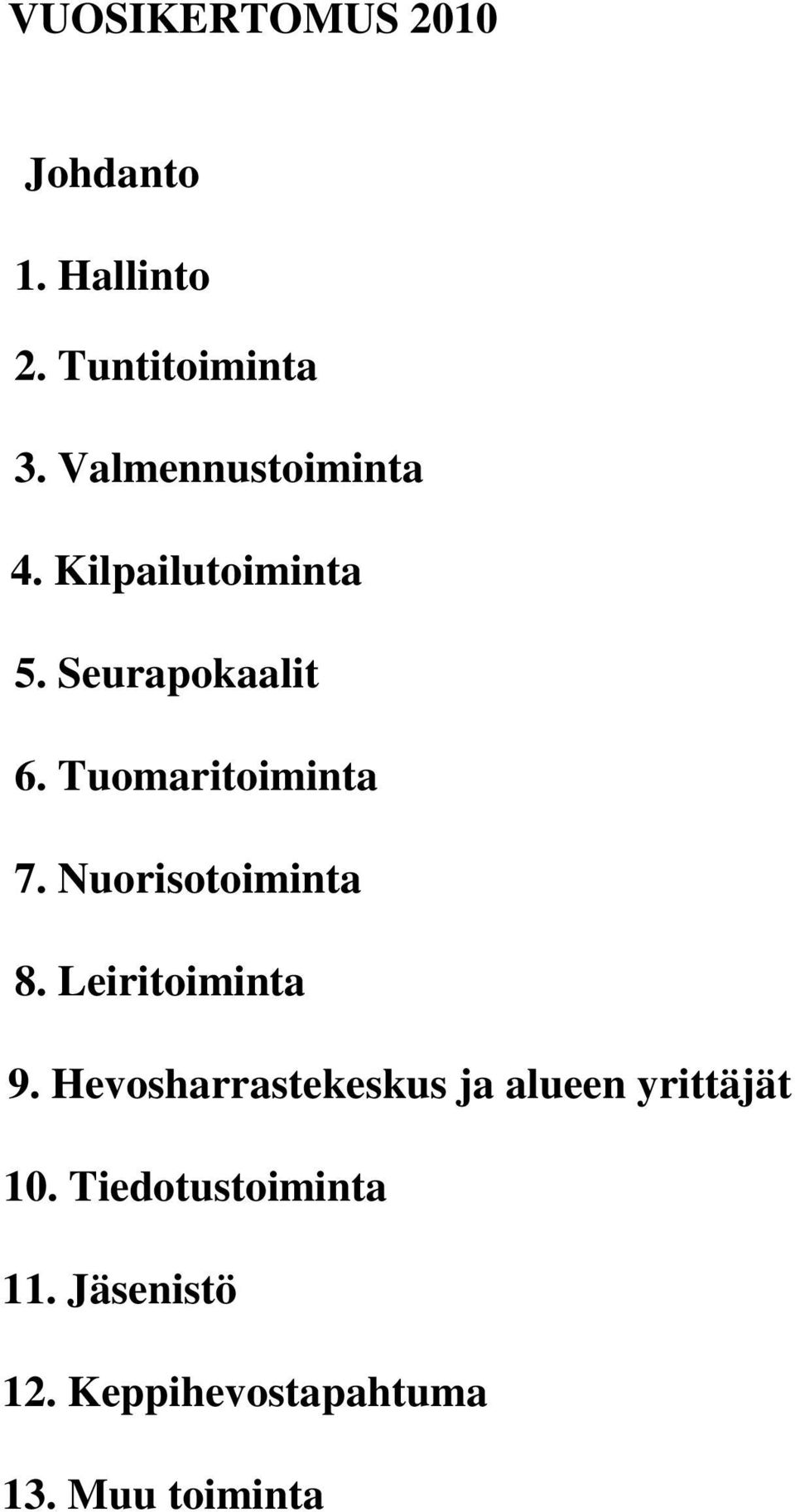 Tuomaritoiminta 7. Nuorisotoiminta 8. Leiritoiminta 9.