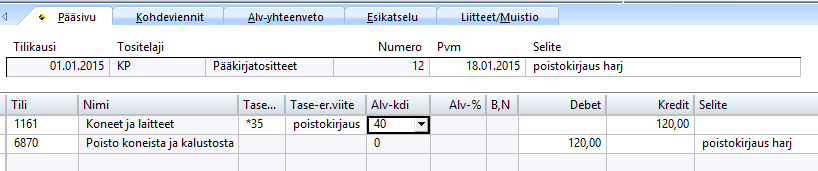 13 4.2 Poistokirjaus Poistokirjauksen yhteydessä joudutaan muuttamaan mahdollisesti tilin asetuksia. Esim. tili 1161 perusasetus ALVkoodi 41. Tämä muutetaan 0-alv kannaksi ko.