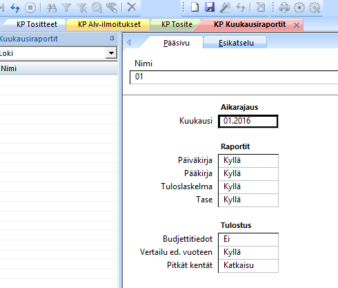 16 AJA RAPORTIT, TALLENNA ja TULOSTA Mene:KAUSIRAPORTIT > kk raportit > UUSI (tämä raportti ajaa kerralla kaikki raportit) > valitse kausi esim nimi 01=tammikuu ja aikarajaus kuukausi 01.