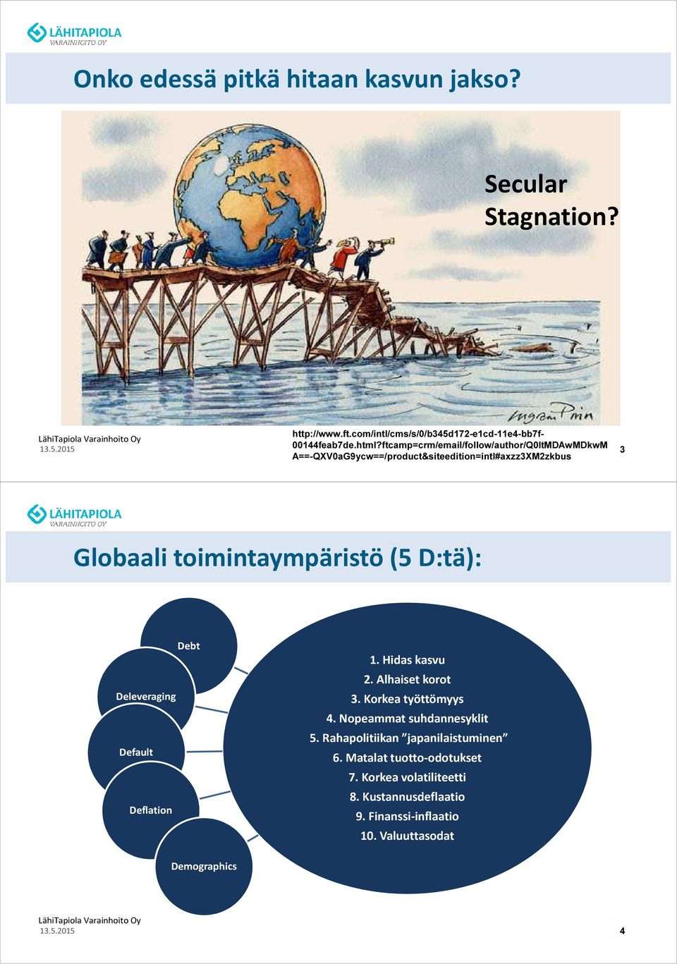 Debt Deleveraging Default Deflation 1. Hidas kasvu 2. Alhaiset korot 3. Korkea työttömyys 4. Nopeammat suhdannesyklit 5.