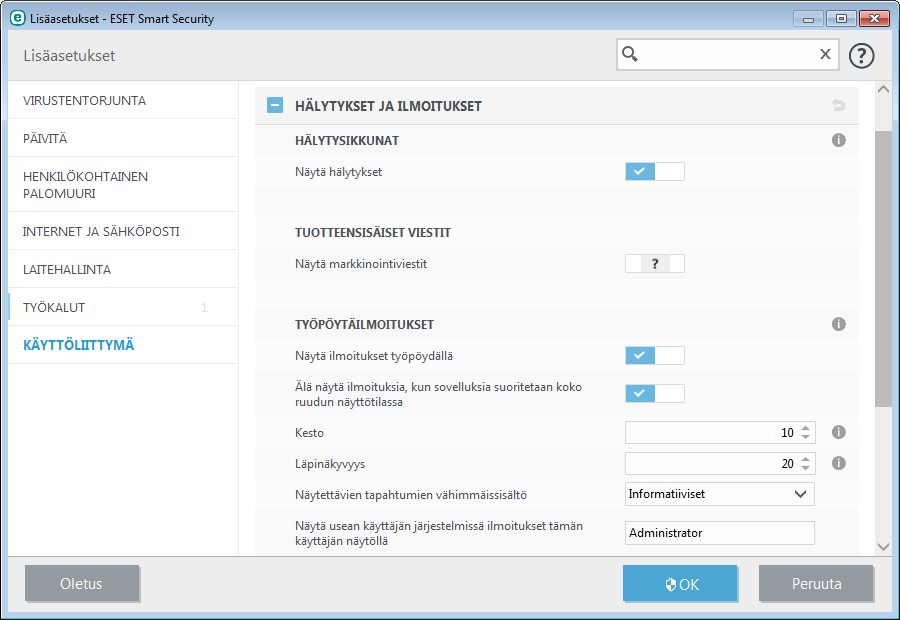 4.7.2 Hälytykset ja ilmoitukset Hälytykset ja ilmoitukset -osiossa Käyttöliittymä-osion alla voit määrittää, miten ESET Smart Security käsittelee uhkahälytyksiä ja järjestelmäilmoituksia (esimerkiksi