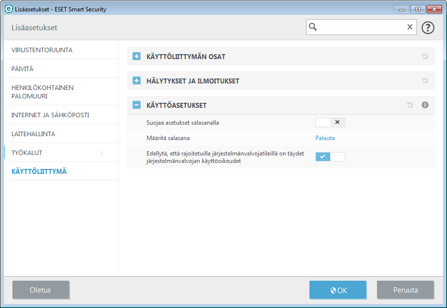 4.7.4 Käyttöasetukset ESET Smart Security -asetukset ovat tärkeä osa tietoturvakäytäntöäsi. Luvattomat muokkaamiset voivat vaarantaa järjestelmän vakauden ja tietoturvan.