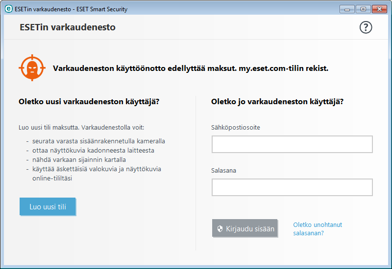 3.4 Varkaudenesto Voit suojata tietokonettasi varkauden tai katoamisen varalta valitsemalla jonkin seuraavista vaihtoehdoista ja rekisteröimällä tietokoneesi ESET Varkaudenesto -järjestelmään. 1.