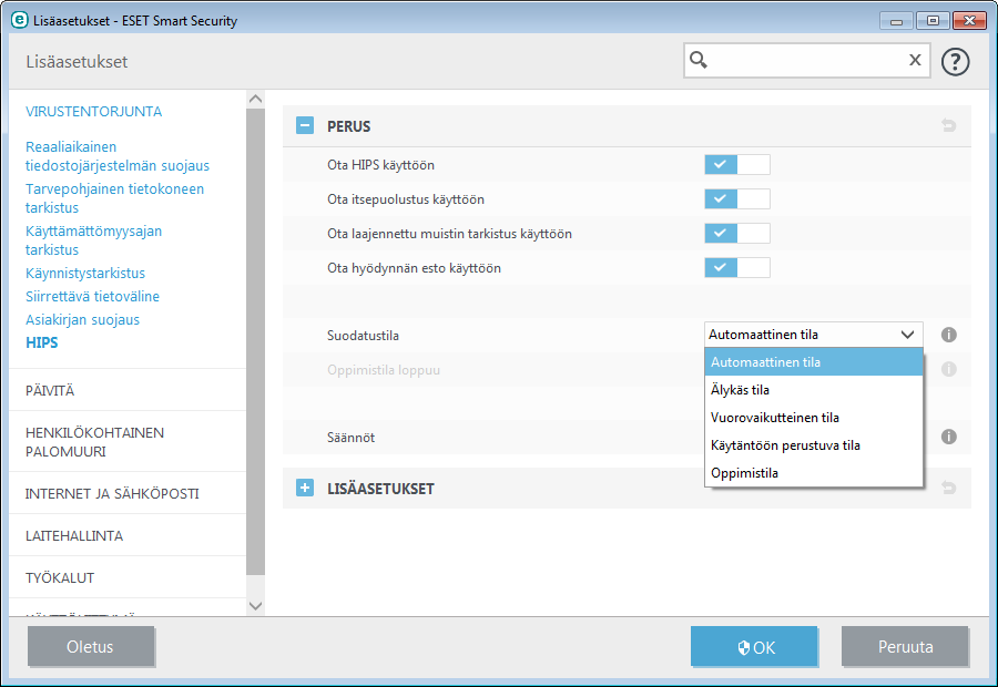 4.1.4 Host-based Intrusion Prevention System (HIPS) Vain kokeneen käyttäjän tulisi tehdä muutoksia HIPS-asetuksiin. Väärin määritetyt HIPS-asetukset saattavat aiheuttaa järjestelmän epävakautta.