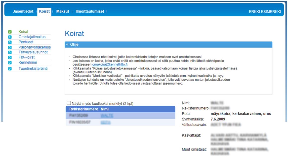 Rastittamalla kohdan Näytä myös kuolleeksi merkityt, näet listan kaikista omistuksessasi olevista koirista.