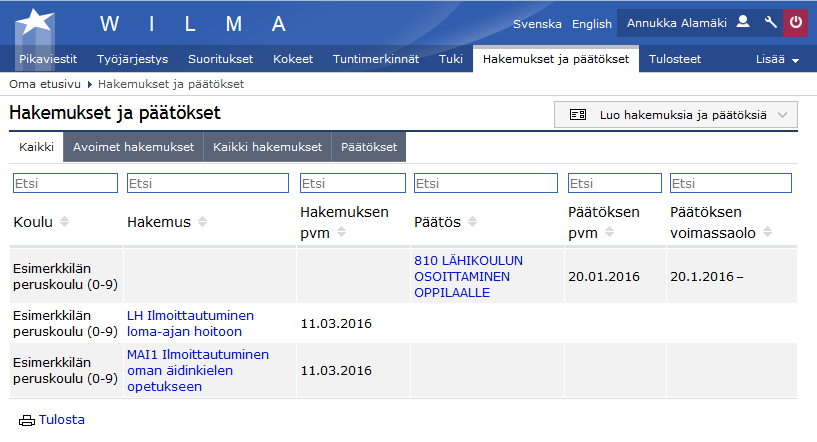 HUOLTAJAN OHJE 4 (7) Ilmoittautumislomake myös jää näkyviin Wilman Hakemukset ja päätökset -osioon.