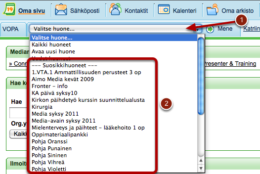 Huoneeseen siirtyminen Huoneeseen eli kurssille/opintokokonaisuuteen siirtyminen tapahtuu alasvetovalikon kautta. Alasvetovalikko on näkyvillä aina riippumatta siitä, missä Fronterilla olet.