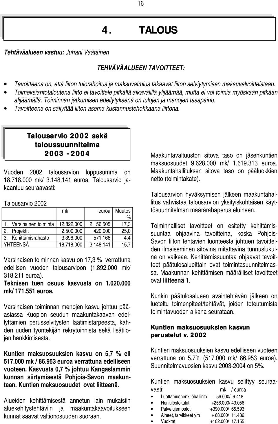 Tavoitteena on säilyttää liiton asema kustannustehokkaana liittona. Vuoden 2002 talousarvion loppusumma on 18.718.000 mk/ 3.148.141 euroa.