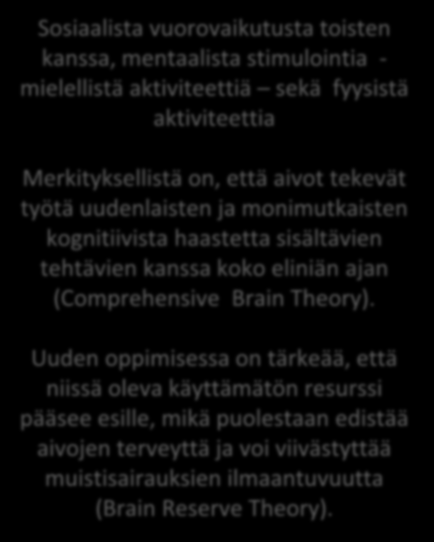 Aivoterveyttä edistävät avaimet sillan rakentamista aivoterveyttä kuvaaviin teorioihin Sosiaalista vuorovaikutusta toisten kanssa, mentaalista stimulointia - mielellistä aktiviteettiä sekä fyysistä