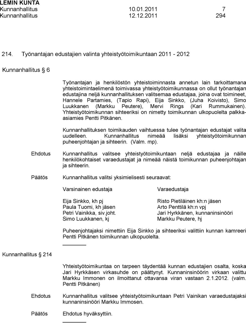 yhteistyötoimikunnassa on ollut työnantajan edustajina neljä kunnanhallituksen valitsemaa edustajaa, joina ovat toimineet, Hannele Partamies, (Tapio Rapi), Eija Sinkko, (Juha Koivisto), Simo