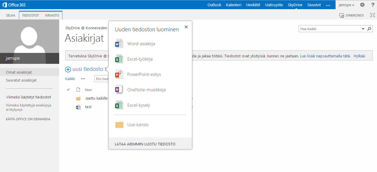 Skydrive Pro -ohjelman juuritaso - Tältä näyttää perusnäkymä tyhjältä pilvipalvelusivulta mihinkä voit tallentaa 7Gt edestä melkein mitä tahdot.