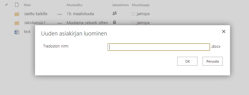Word Wep App - Ensimmäisenä valitaan uusi tiedosto - kohdasta Word-asiakirja. - Seuraavana annetaan asiakirjalle nimi ja painetaan OK - painiketta.