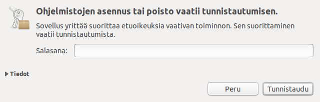 Klikkaa LXDE (kevyt työpöytäympäristö) ja klikkaa Asenna. Asennuksia ei voi tehdä, ellei ole pääkäyttäjän oikeuksia. Siksi asennuksen yhteydessä pyydetään salasanaa.