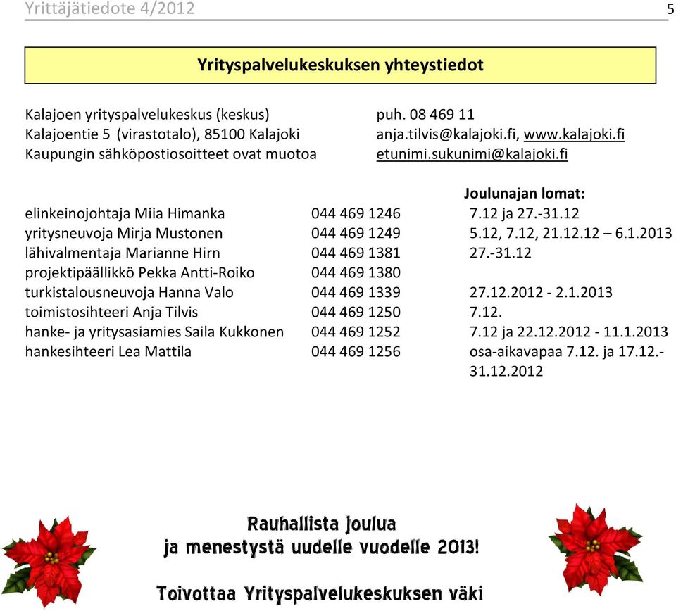 12 yritysneuvoja Mirja Mustonen 0444691249 5.12, 7.12, 21.12.12 6.1.2013 lähivalmentaja Marianne Hirn 0444691381 27.-31.