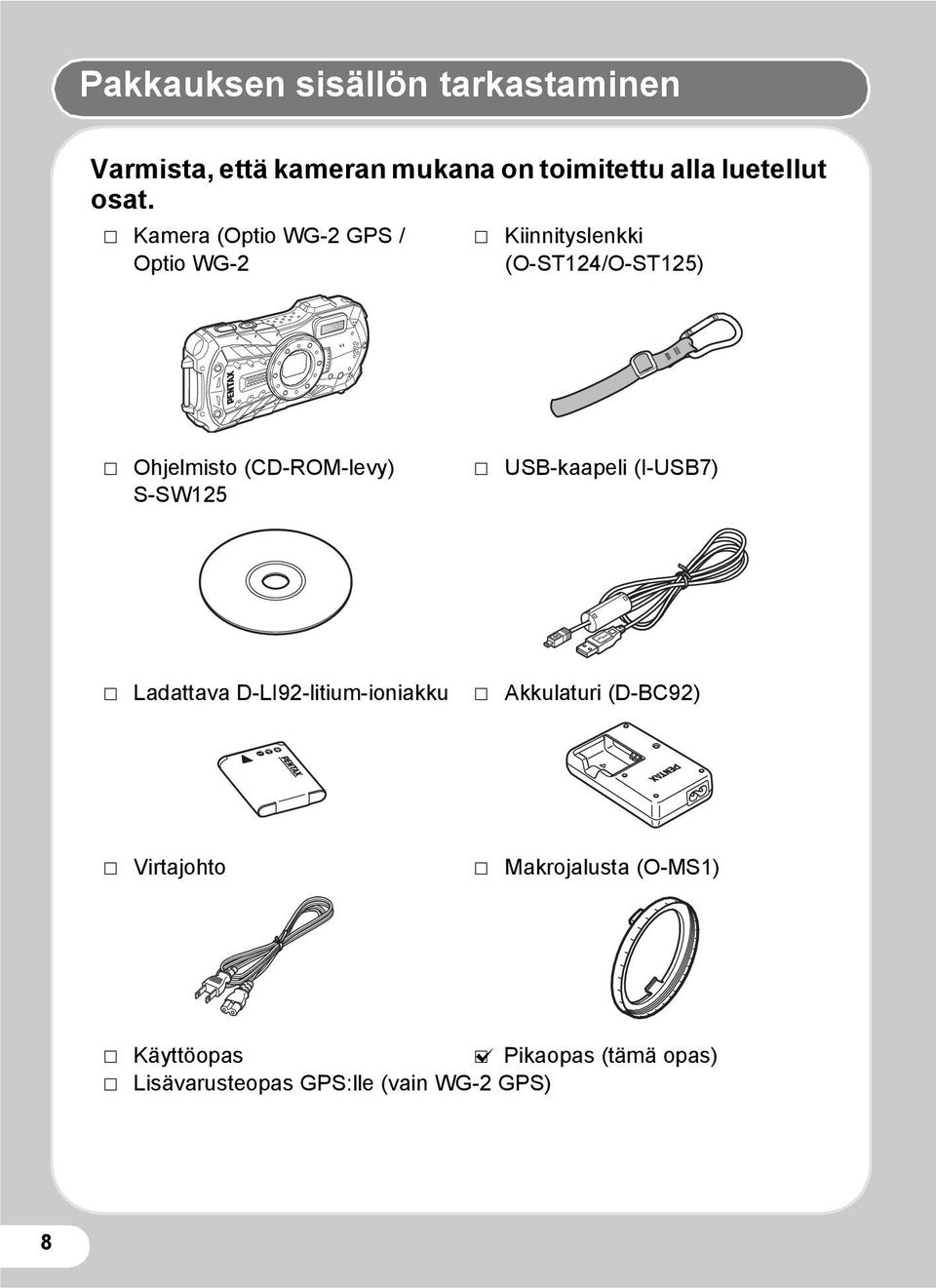 S-SW125 P USB-kaapeli (I-USB7) P Ladattava D-LI92-litium-ioniakku P Akkulaturi (D-BC92) P Virtajohto