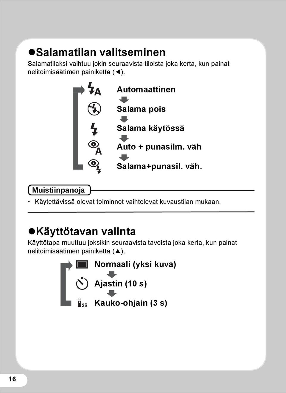 Salama+punasil. väh. Muistiinpanoja Käytettävissä olevat toiminnot vaihtelevat kuvaustilan mukaan.