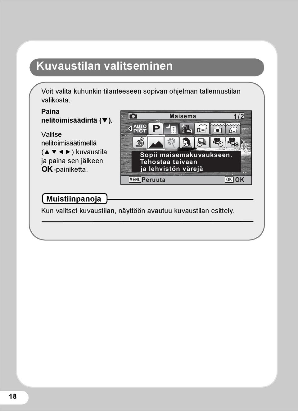 Valitse nelitoimisäätimellä (2345) kuvaustila ja paina sen jälkeen 4-painiketta.