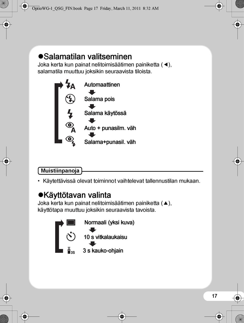 muuttuu joksikin seuraavista tiloista. Automaattinen Salama pois Salama käytössä Auto + punasilm. väh Salama+punasil.