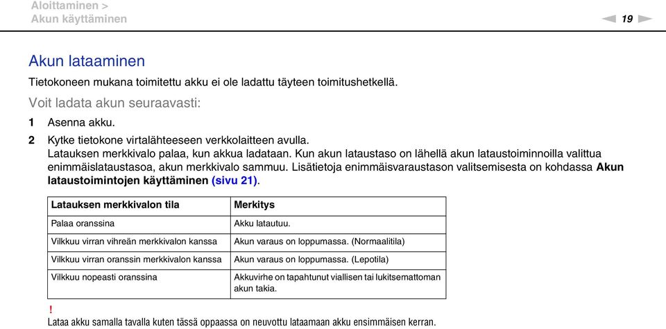 Kun akun lataustaso on lähellä akun lataustoiminnoilla valittua enimmäislataustasoa, akun merkkivalo sammuu.