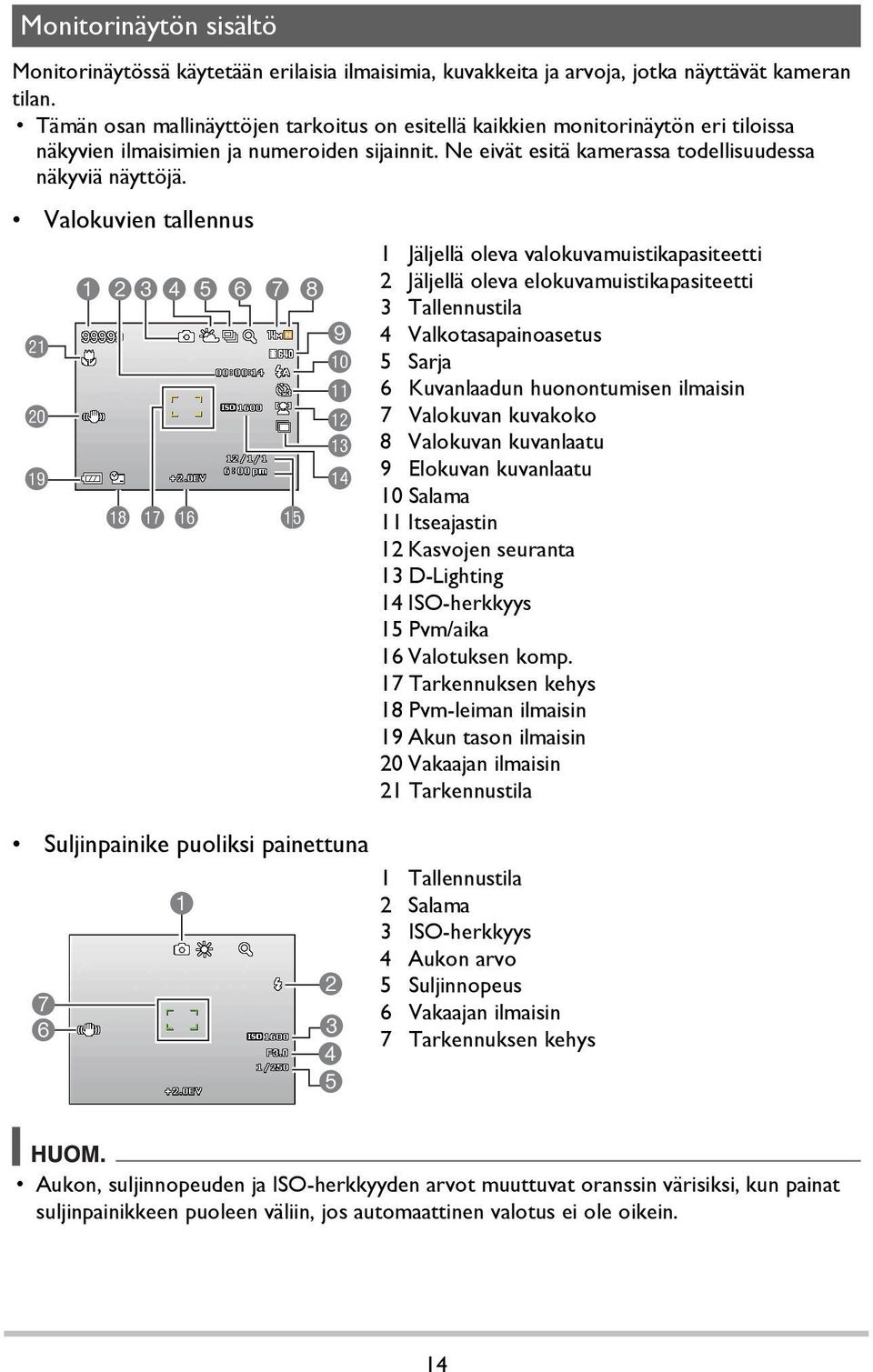 Valokuvien tallennus cl ck bt 12345 6 bs br bq 7 8 9 bk bl bm bn bo bp Suljinpainike puoliksi painettuna 7 6 1 2 3 4 5 1 Jäljellä oleva valokuvamuistikapasiteetti 2 Jäljellä oleva