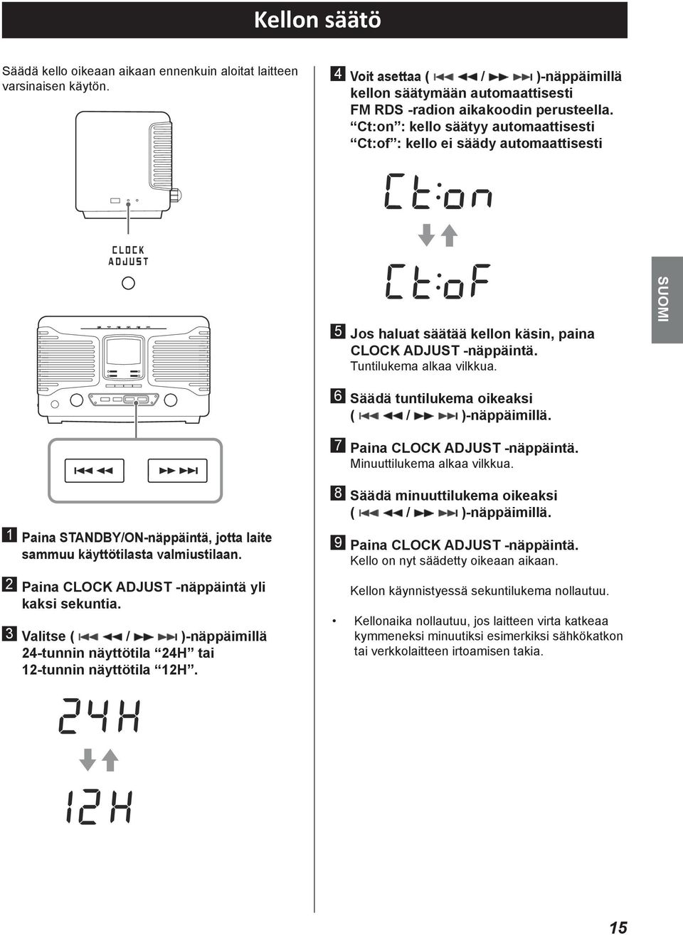 et current time before using unit. adjustment 4 Press kellon using säätymään skip/search RDS clock automaattisesti time (.m/,/) 4 Press (CT). s FM RDS skip/search to -radion turn on/off aikakoodin (.