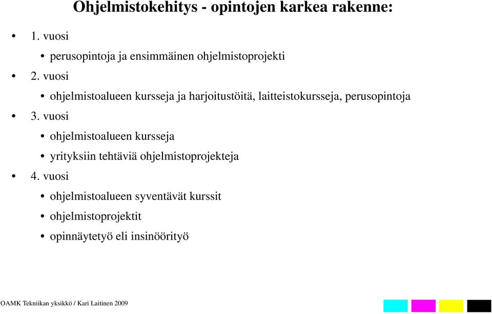 vuosi ohjelmistoalueen kursseja ja harjoitustöitä, laitteistokursseja, perusopintoja 3.