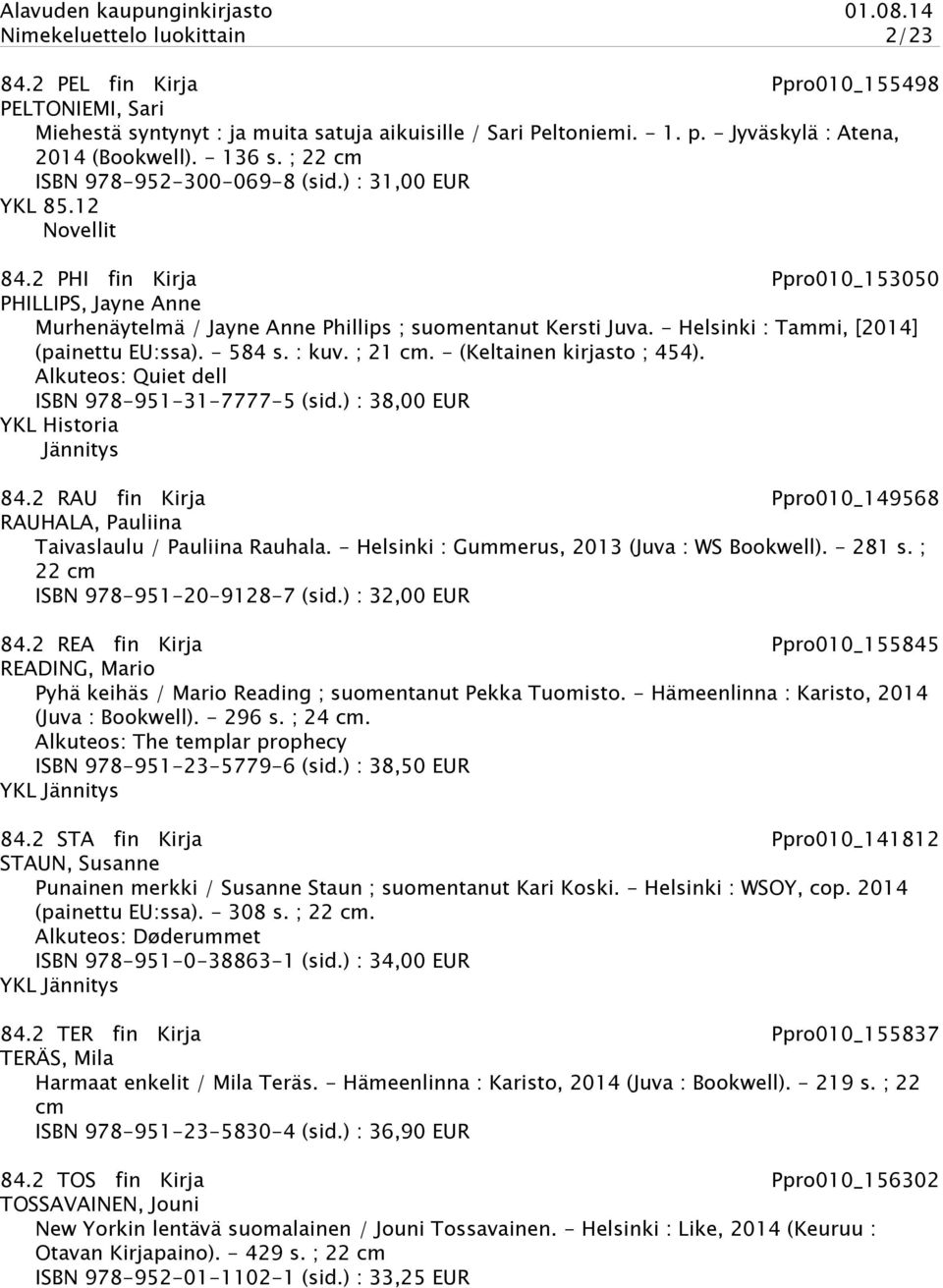 - Helsinki : Tammi, [2014] (painettu EU:ssa). - 584 s. : kuv. ; 21 cm. - (Keltainen kirjasto ; 454). Alkuteos: Quiet dell ISBN 978-951-31-7777-5 (sid.) : 38,00 EUR YKL Historia Jännitys 84.