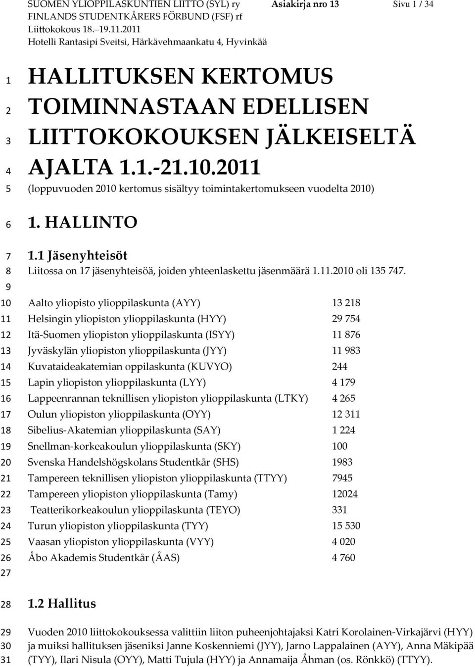 1 Jäsenyhteisöt Liitossa on 17 jäsenyhteisöä, joiden yhteenlaskettu jäsenmäärä 1.11.2010 oli 135747.