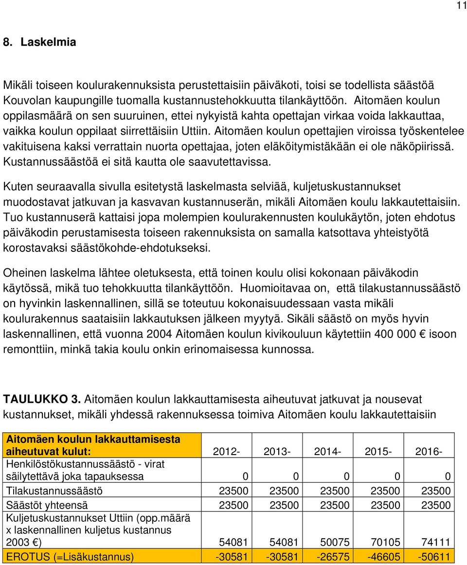 Aitomäen koulun opettajien viroissa työskentelee vakituisena kaksi verrattain nuorta opettajaa, joten eläköitymistäkään ei ole näköpiirissä. Kustannussäästöä ei sitä kautta ole saavutettavissa.