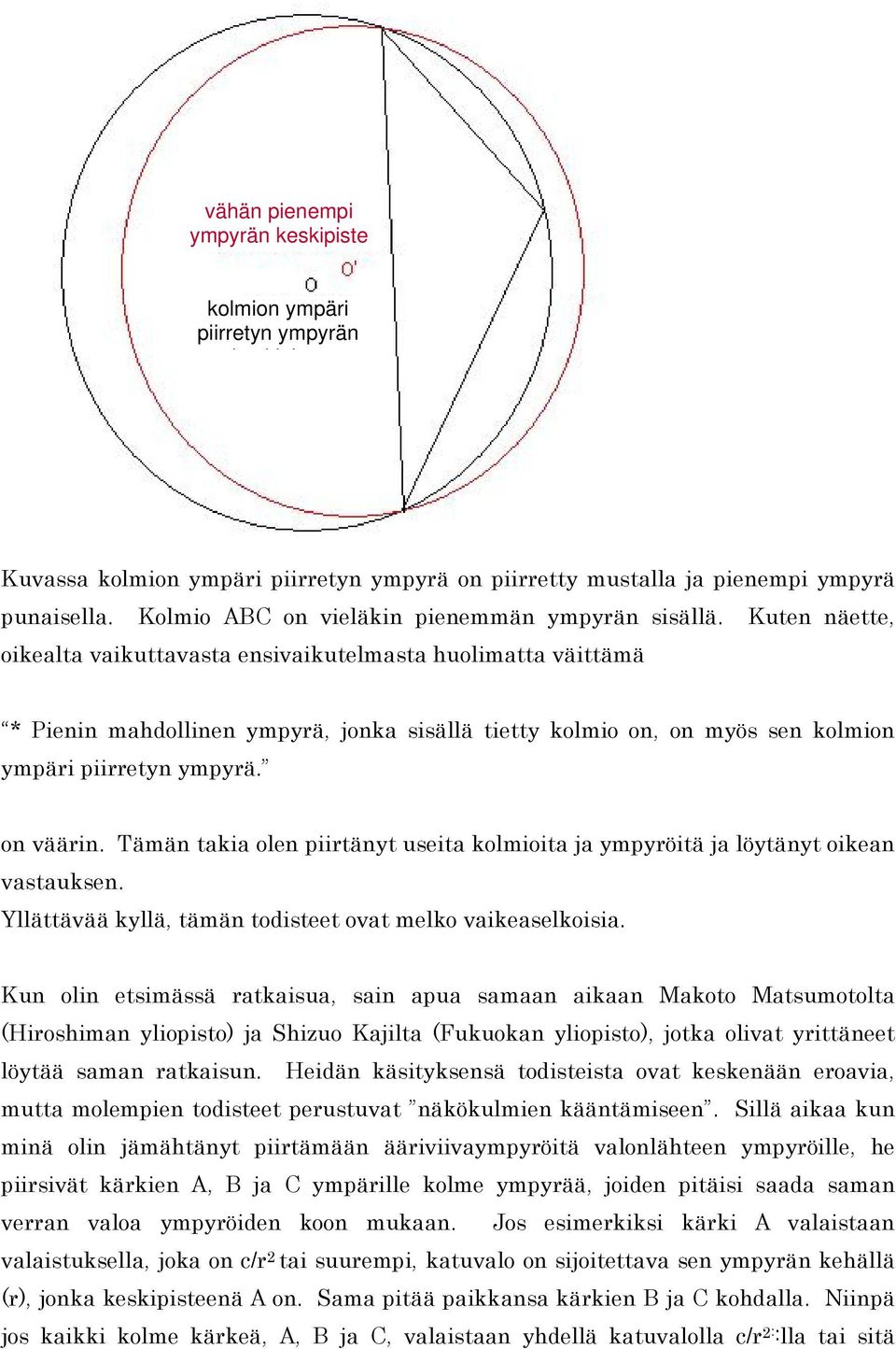 Kuten näette, oikealta vaikuttavasta ensivaikutelmasta huolimatta väittämä * Pienin mahdollinen ympyrä, jonka sisällä tietty kolmio on, on myös sen kolmion ympäri piirretyn ympyrä. on väärin.