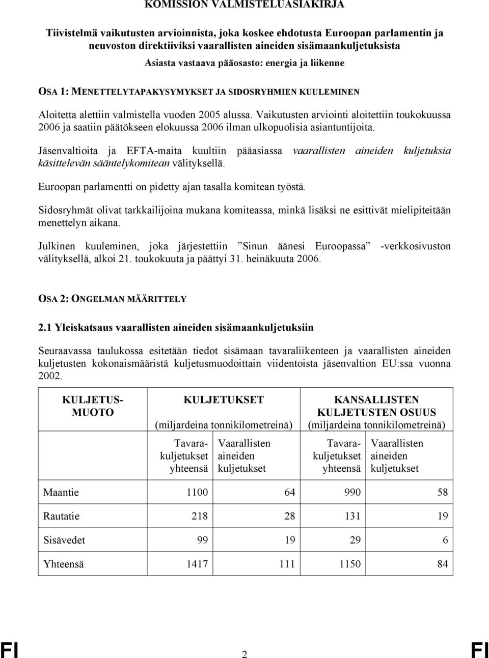 Vaikutusten arviointi aloitettiin toukokuussa 2006 ja saatiin päätökseen elokuussa 2006 ilman ulkopuolisia asiantuntijoita.