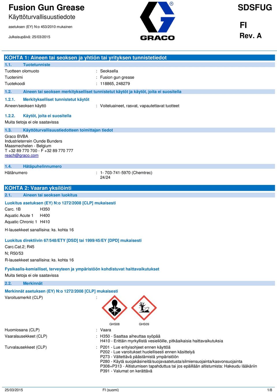 2.2. Käytöt, joita ei suositella 1.3. Käyttöturvallisuustiedotteen toimittajan tiedot Graco BVBA Industrieterrein Ounde Bunders Maasmechelen - Belgium T +32 89 770 700 - F +32 89 770 777 reach@graco.