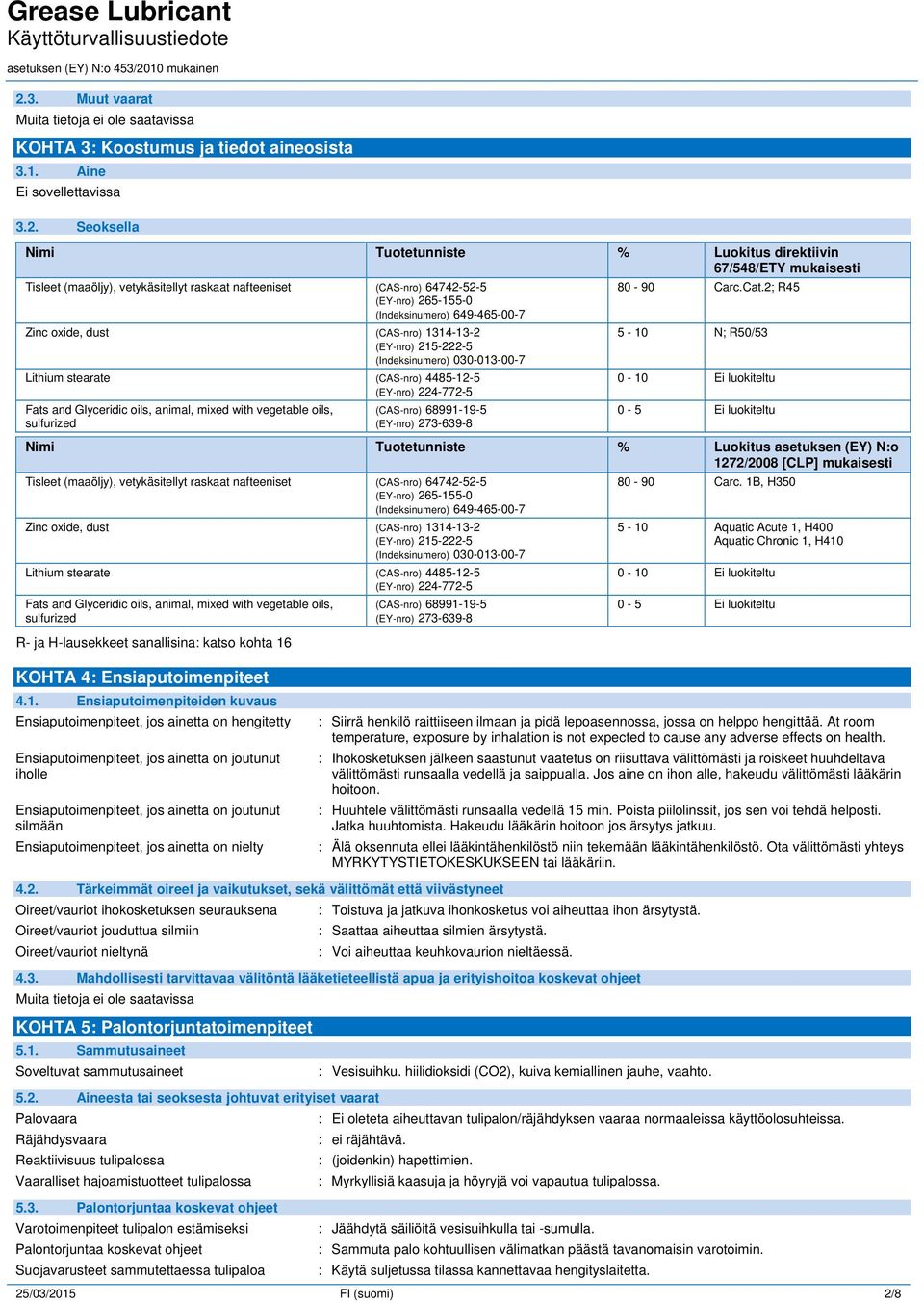 (CAS-nro) 4485-12-5 (EY-nro) 224-772-5 Fats and Glyceridic oils, animal, mixed with vegetable oils, sulfurized (CAS-nro) 68991-19-5 (EY-nro) 273-639-8 80-90 Carc.Cat.