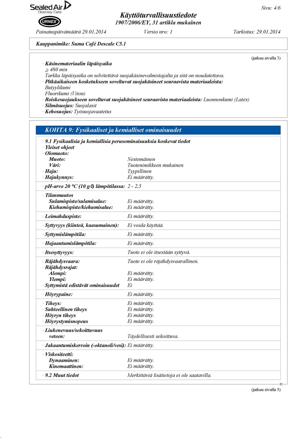 (Latex) Silmäsuojus: Suojalasit Kehosuojus: Työsuojavaatetus (jatkuu sivulla 3) KOHTA 9: Fysikaaliset ja kemialliset ominaisuudet 9.