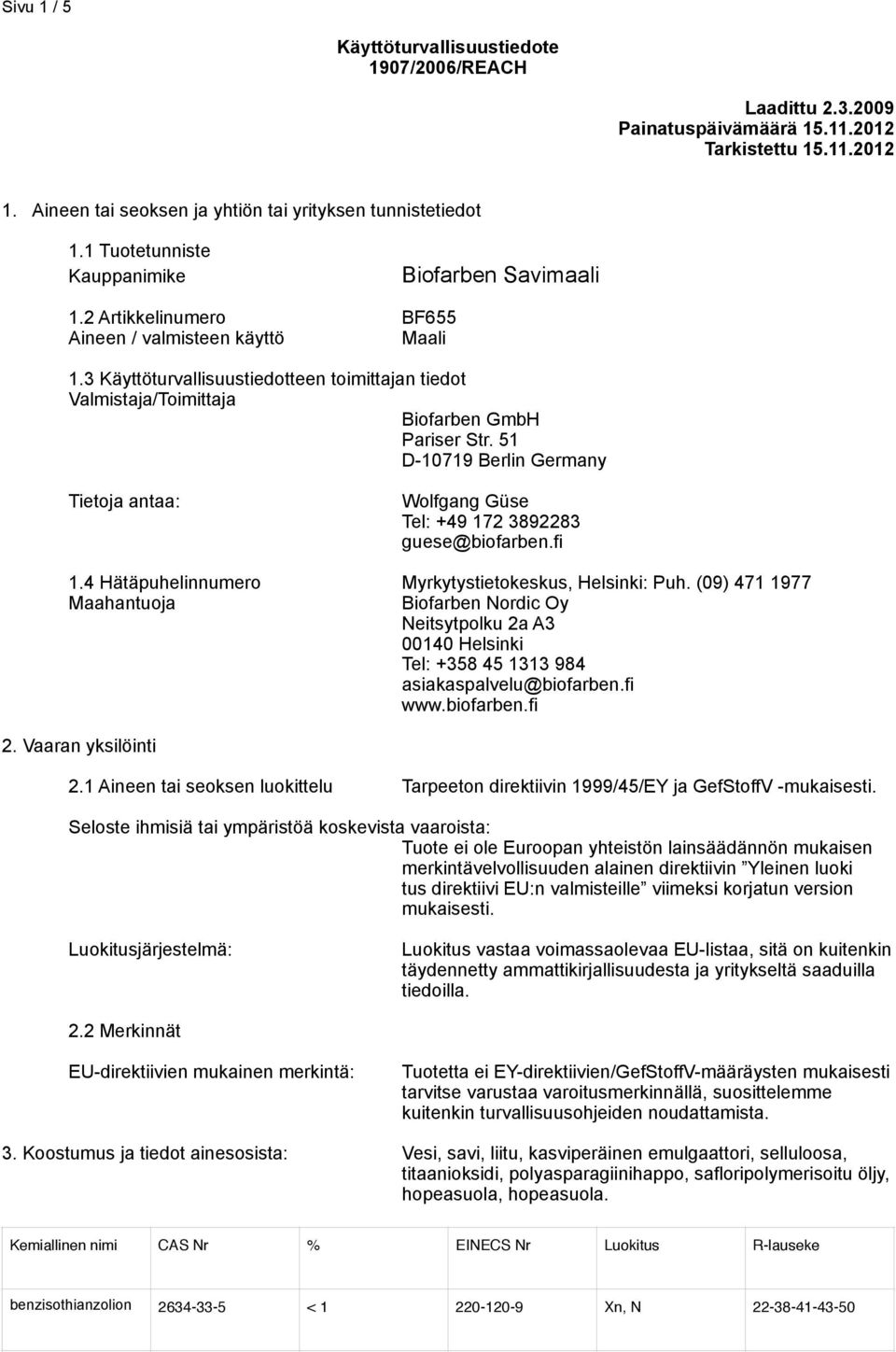 4 Hätäpuhelinnumero Myrkytystietokeskus, Helsinki: Puh. (09) 471 1977 Maahantuoja Biofarben Nordic Oy Neitsytpolku 2a A3 00140 Helsinki Tel: +358 45 1313 984 asiakaspalvelu@biofarben.fi www.biofarben.fi 2.