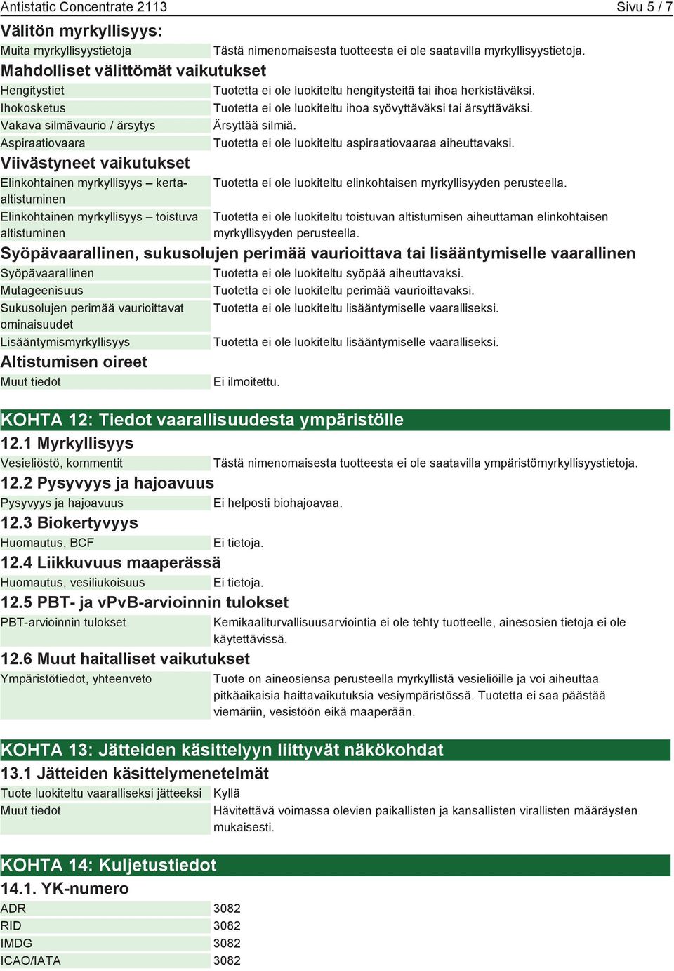 Viivästyneet vaikutukset Elinkohtainen myrkyllisyys kertaaltistuminen Elinkohtainen myrkyllisyys toistuva altistuminen Tästä nimenomaisesta tuotteesta ei ole saatavilla myrkyllisyystietoja.