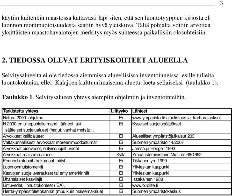 TIEDOSSA OLEVAT ERITYISKOHTEET ALUEELLA Selvitysalueelta ei ole tiedossa aiemmissa alueellisissa inventoinneissa esille tulleita luontokohteita, ellei Kalajoen kulttuurimaisema-aluetta lueta