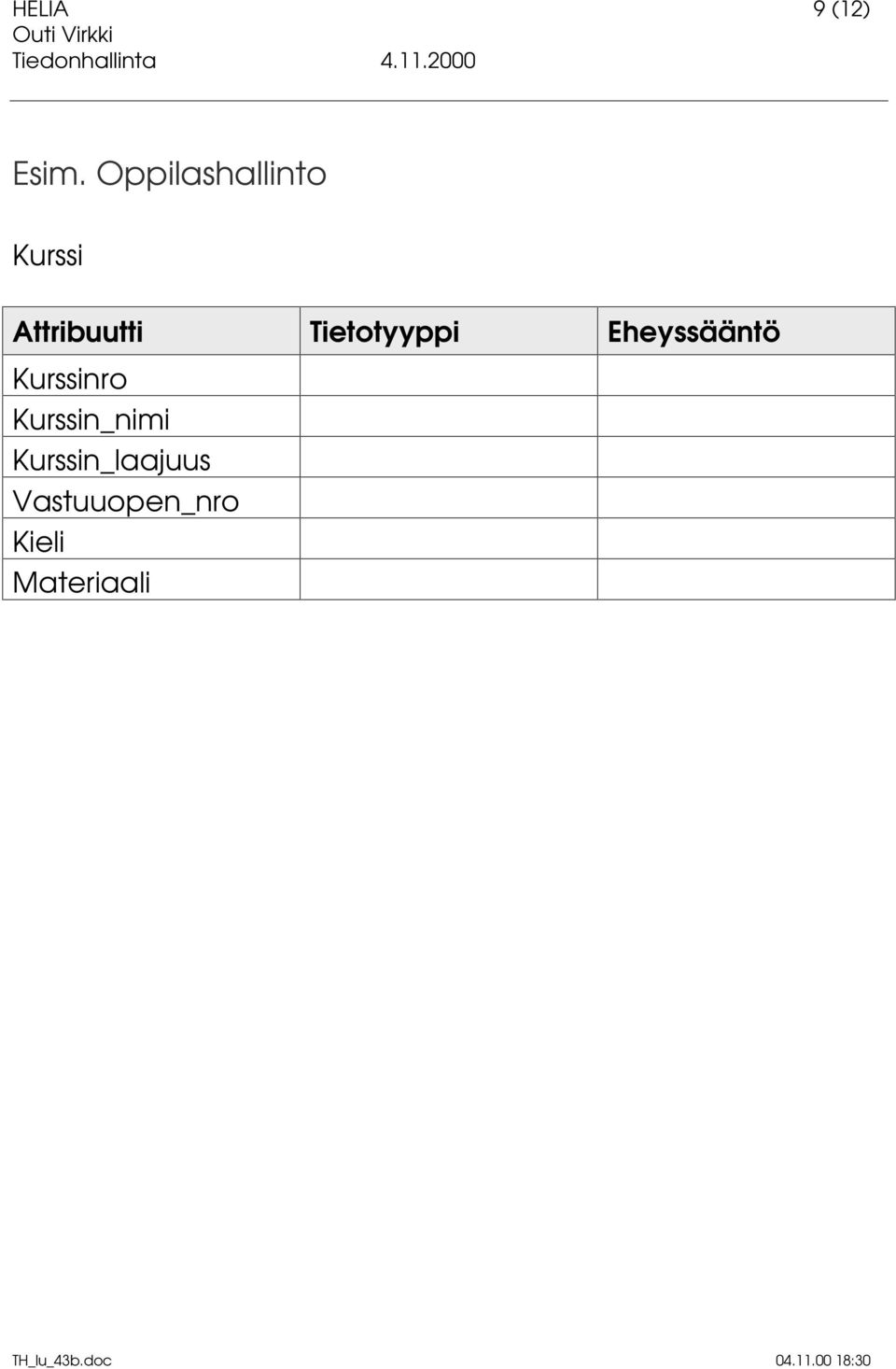 Tietotyyppi Eheyssääntö Kurssinro