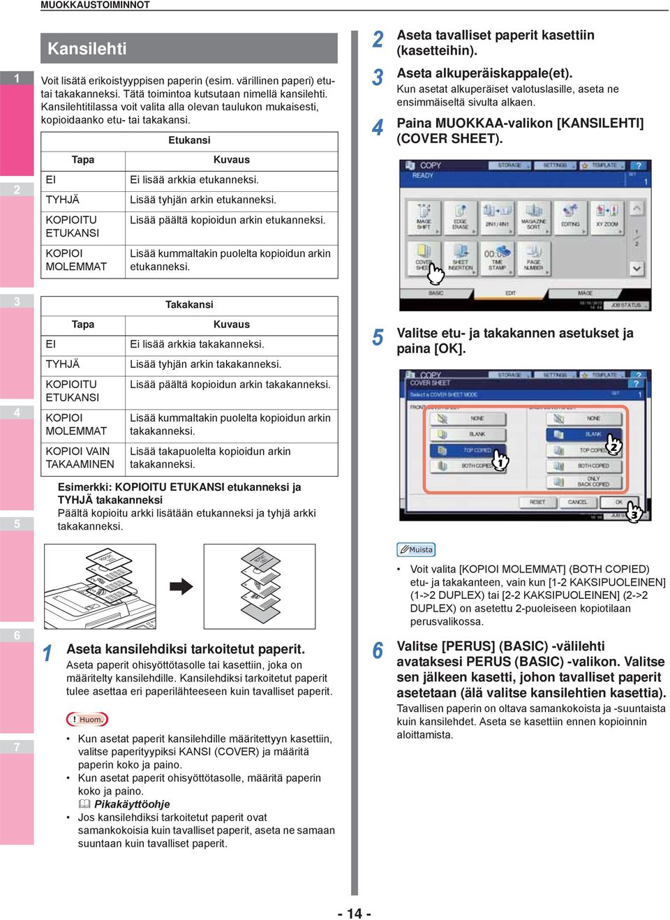 Kun asetat alkuperäiset valotuslasille, aseta ne ensimmäiseltä sivulta alkaen. Paina MUOKKAA-valikon [KANSILEHTI] (COVER SHEET). Tapa Kuvaus TYHJÄ Ei lisää arkkia etukanneksi.