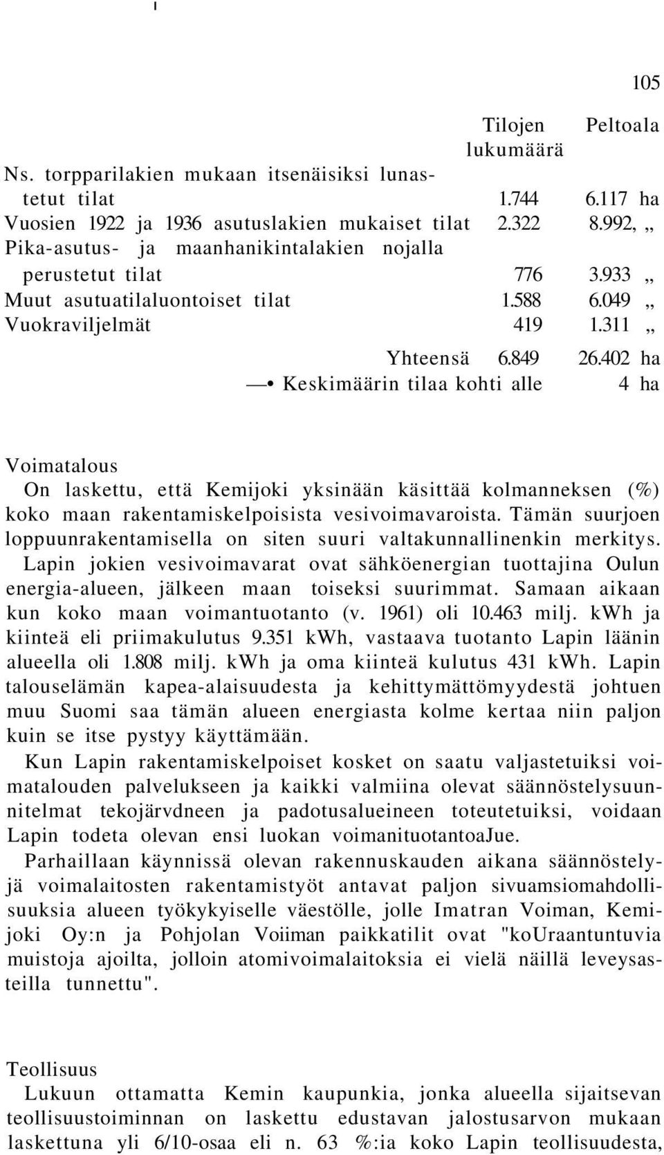 402 ha Keskimäärin tilaa kohti alle 4 ha Voimatalous On laskettu, että Kemijoki yksinään käsittää kolmanneksen (%) koko maan rakentamiskelpoisista vesivoimavaroista.