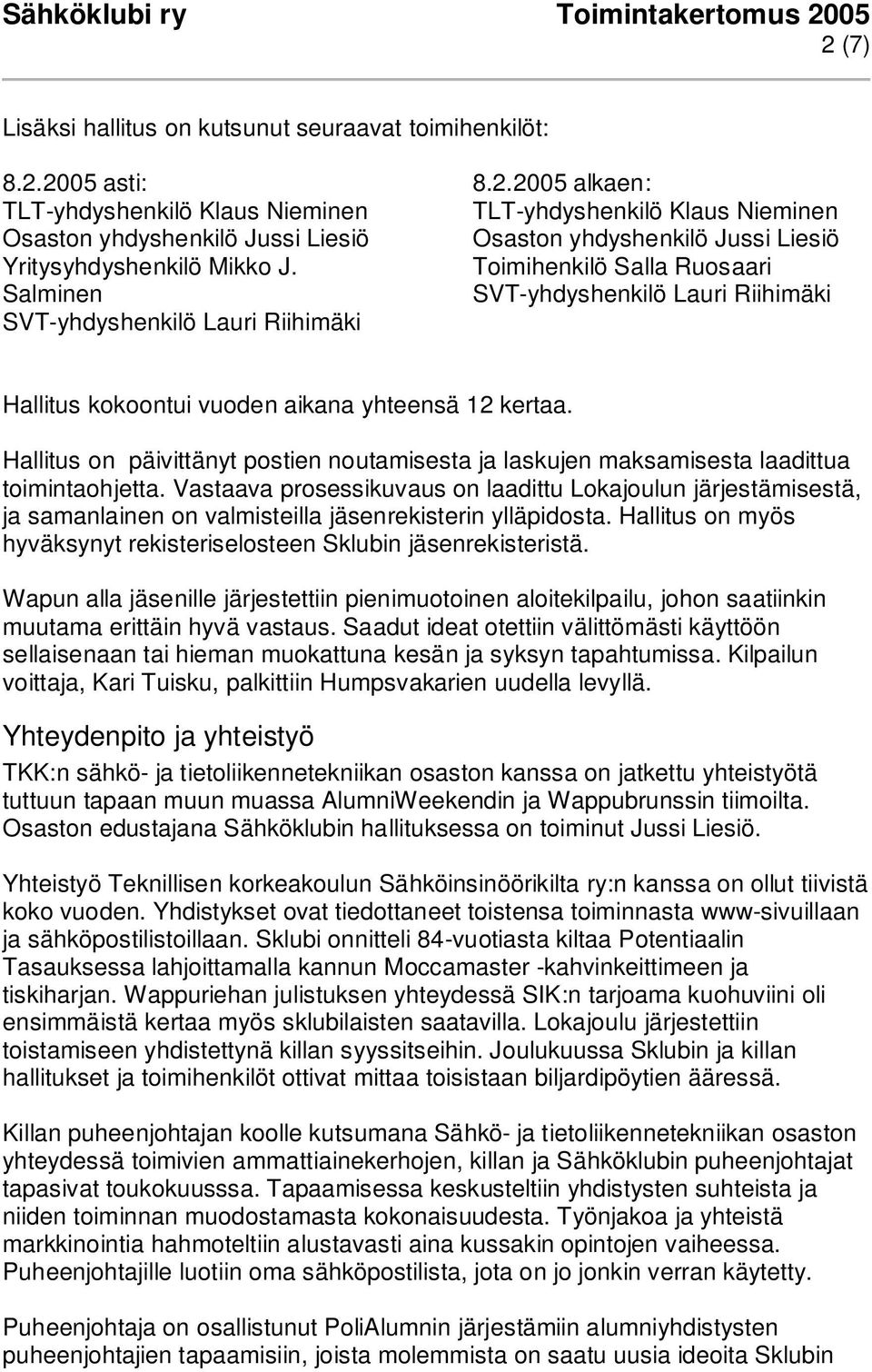 2005 alkaen: TLT-yhdyshenkilö Klaus Nieminen Osaston yhdyshenkilö Jussi Liesiö Toimihenkilö Salla Ruosaari SVT-yhdyshenkilö Lauri Riihimäki Hallitus kokoontui vuoden aikana yhteensä 12 kertaa.