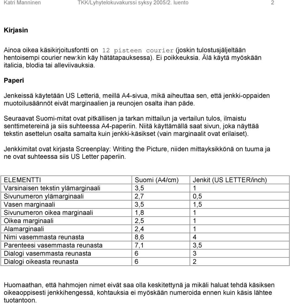 Paperi Jenkeissä käytetään US Letteriä, meillä A4-sivua, mikä aiheuttaa sen, että jenkki-oppaiden muotoilusäännöt eivät marginaalien ja reunojen osalta ihan päde.