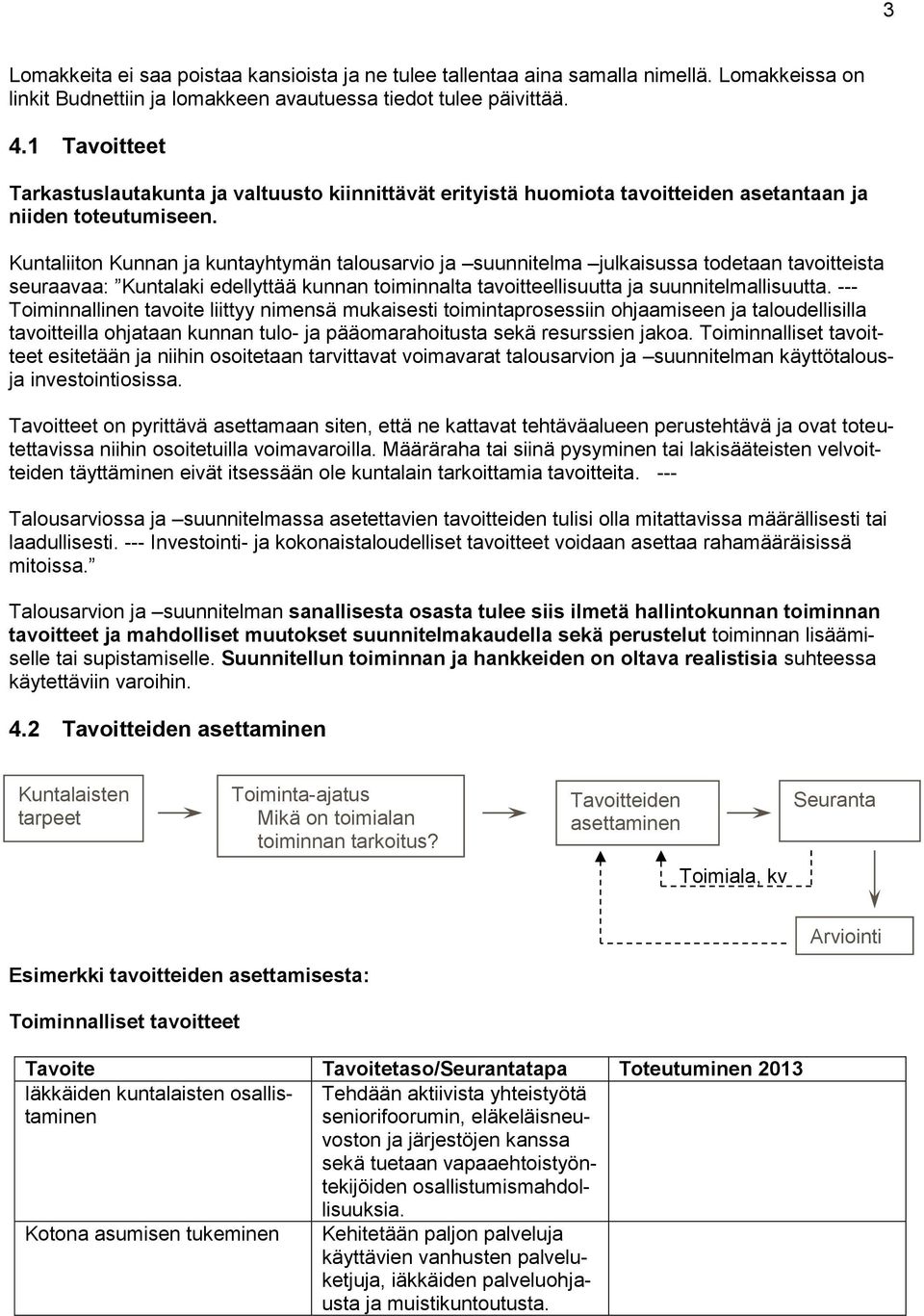 Kuntaliiton Kunnan ja kuntayhtymän talousarvio ja suunnitelma julkaisussa todetaan tavoitteista seuraavaa: Kuntalaki edellyttää kunnan toiminnalta tavoitteellisuutta ja suunnitelmallisuutta.