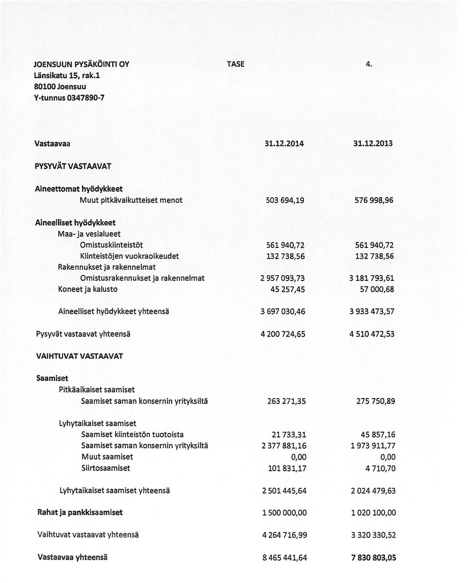 2013 PYSYVÄT VASTAAVAT Aineettomat hyödykkeet Muut pitkävaikutteiset menot 503 694,19 576 998,96 Aineelliset hyöciykkeet Maa-ja vesialueet Omistuskiinteistöt 561 940,72 561 940,72 Kiinteistöjen