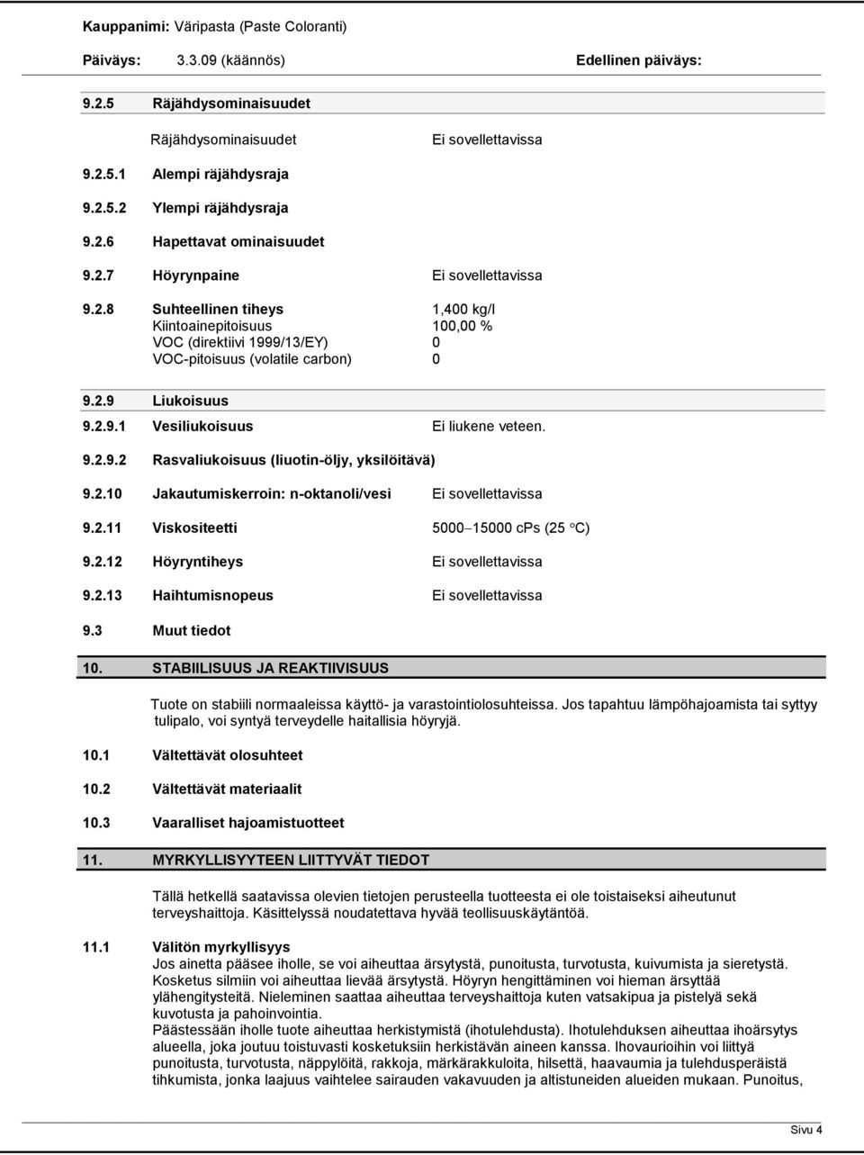 2.12 Höyryntiheys Ei sovellettavissa 9.2.13 Haihtumisnopeus Ei sovellettavissa 9.3 Muut tiedot 10. STABIILISUUS JA REAKTIIVISUUS Tuote on stabiili normaaleissa käyttö- ja varastointiolosuhteissa.