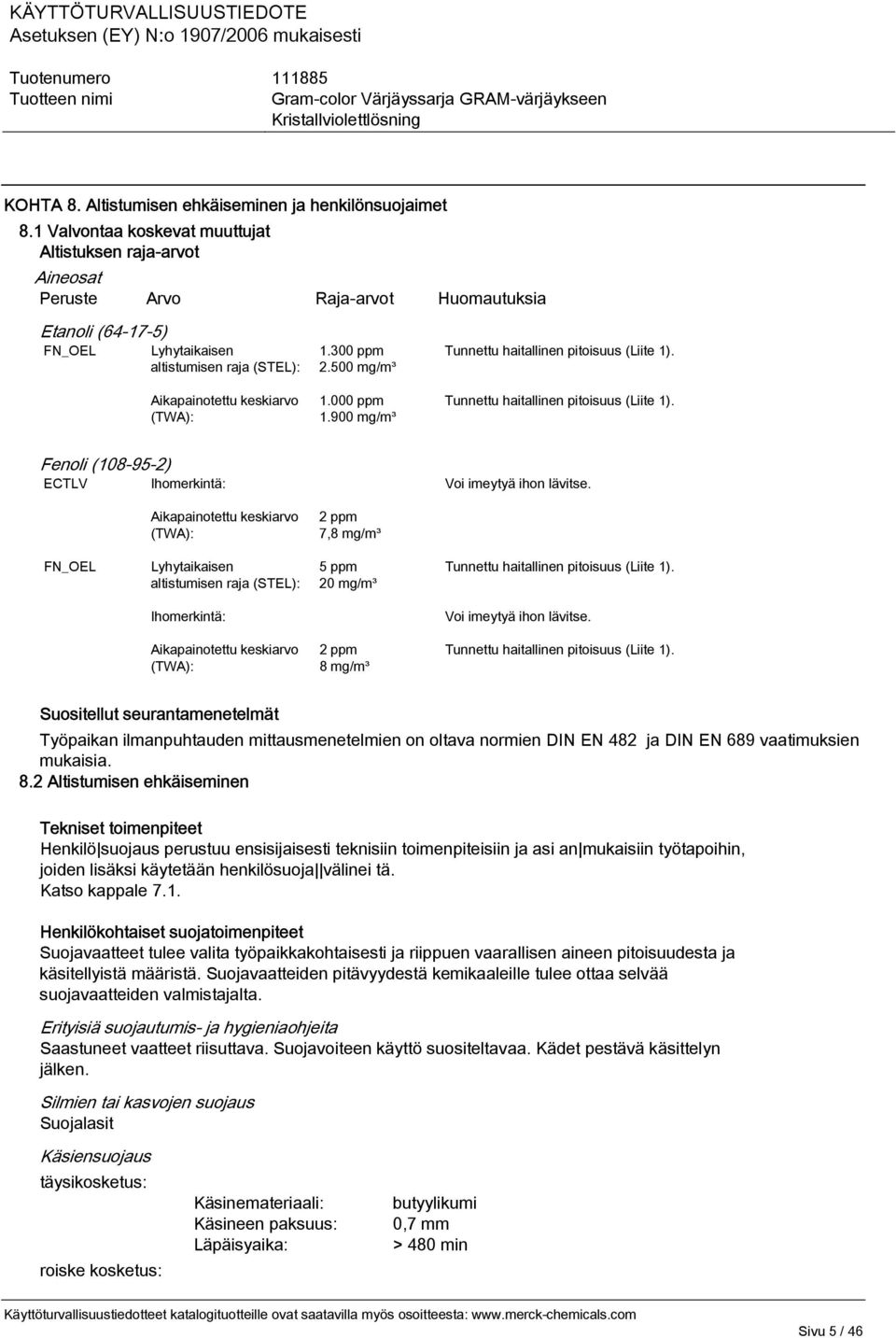 300 ppm 2.500 mg/m³ 1.000 ppm 1.900 mg/m³ Tunnettu haitallinen pitoisuus (Liite 1). Tunnettu haitallinen pitoisuus (Liite 1). Fenoli (108-95-2) ECTLV Ihomerkintä: Voi imeytyä ihon lävitse.