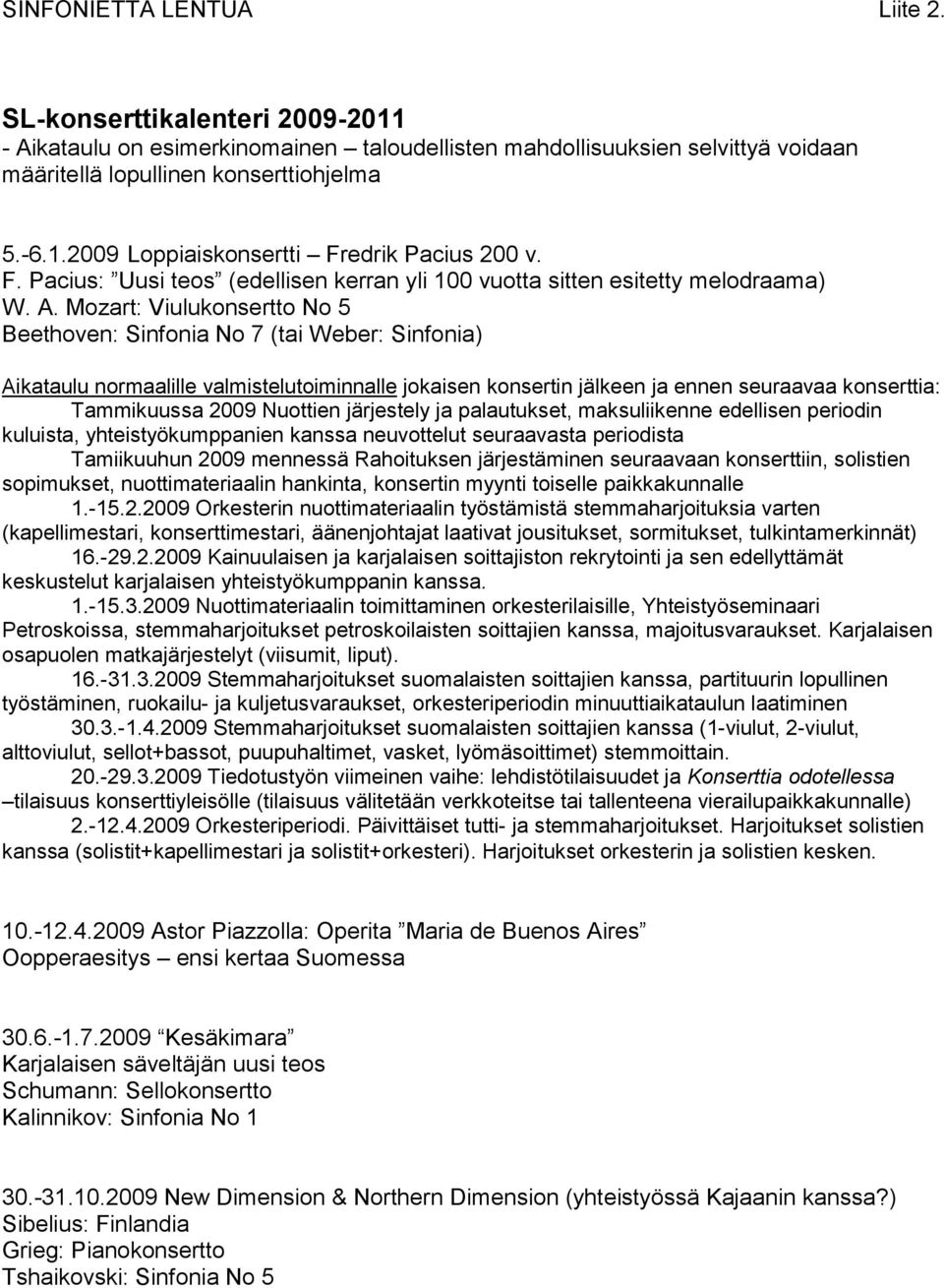 Mozart: Viulukonsertto No 5 Beethoven: Sinfonia No 7 (tai Weber: Sinfonia) Aikataulu normaalille valmistelutoiminnalle jokaisen konsertin jälkeen ja ennen seuraavaa konserttia: Tammikuussa 2009