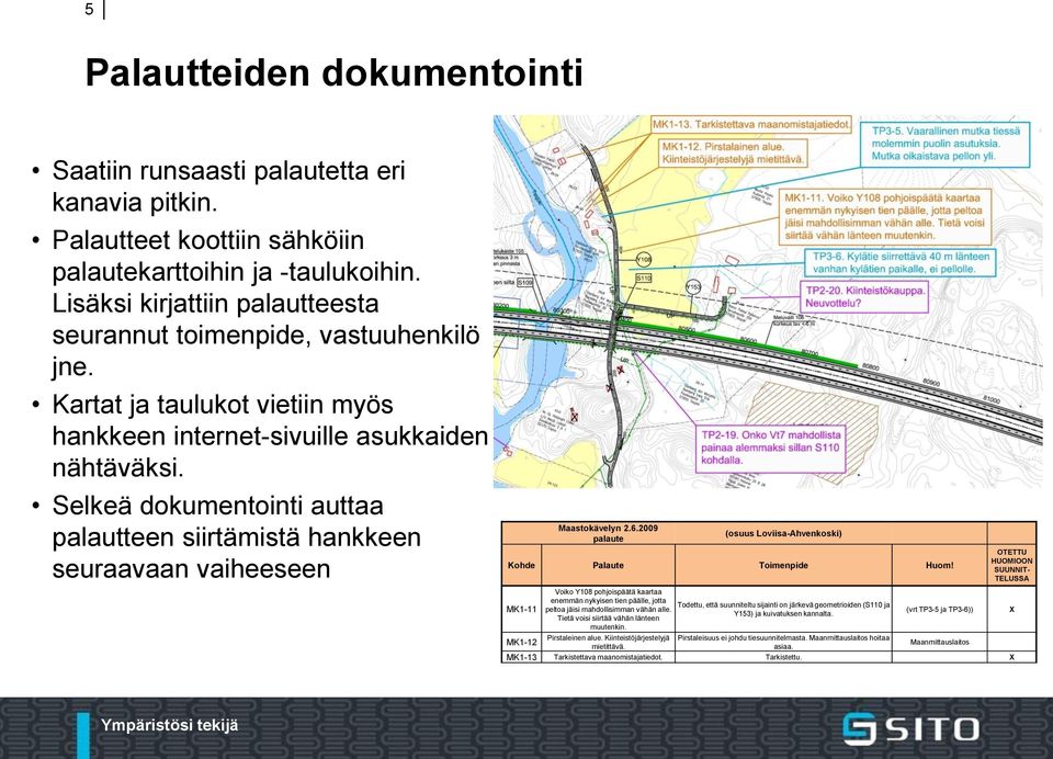 Selkeä dokumentointi auttaa palautteen siirtämistä hankkeen seuraavaan vaiheeseen Maastokävelyn 2.6.2009 palaute (osuus Loviisa-Ahvenkoski) Kohde Palaute Toimenpide Huom!