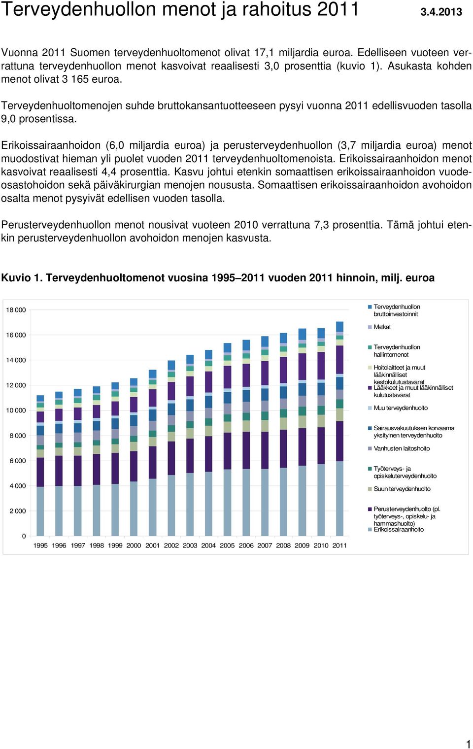 Terveydenhuoltomenojen suhde bruttokansantuotteeseen pysyi vuonna 2011 edellisvuoden tasolla 9,0 prosentissa.