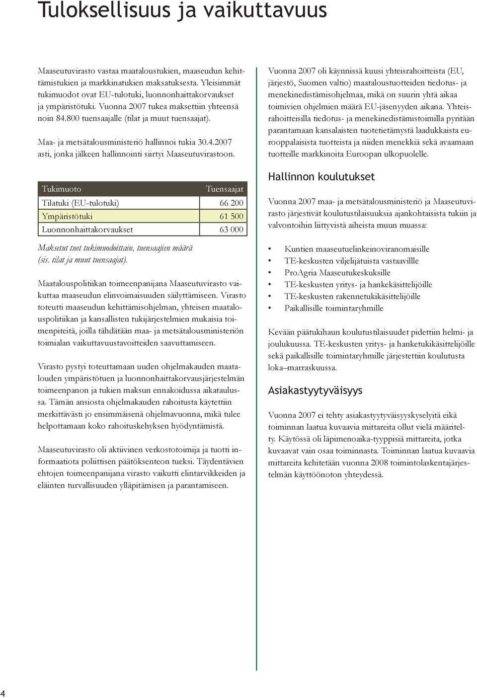 Maa- ja metsätalousministeriö hallinnoi tukia 30.4.2007 asti, jonka jälkeen hallinnointi siirtyi Maaseutuvirastoon.